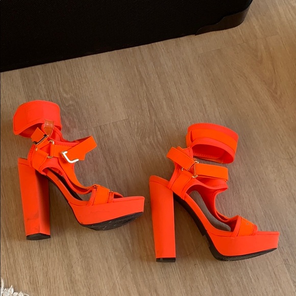 neon orange chunky heels